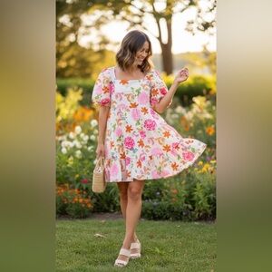 Boho Floral Babydoll: The Golden Globe Pink & Orange Floral Tiered Mini Dress